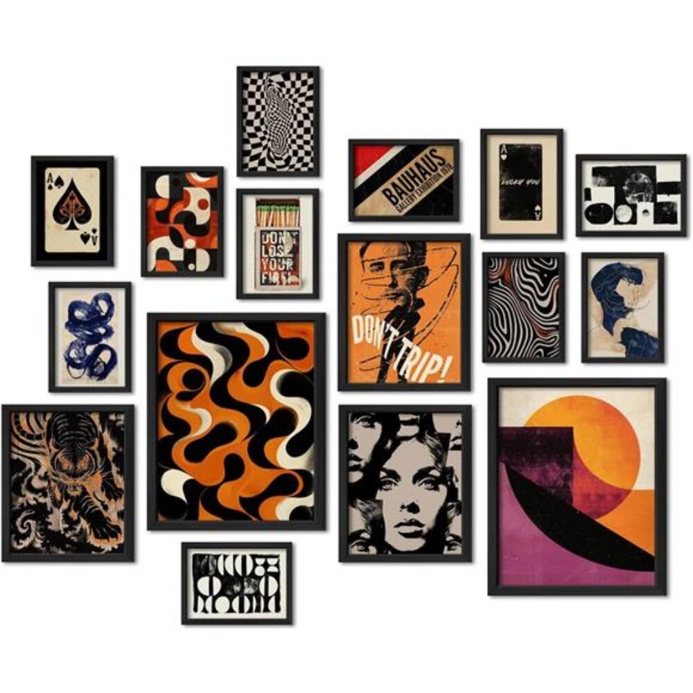 16 PCS Framed Retro 70s Wall Art Decor, Eclectic Vintage Wall Prints for Bedroom